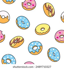 Donuts mit Glasur. Nahtloses Muster. Süße Donuts. Schokoladenerzeugnisse. Handgezeichneter Stil. Vektorgrafik zeichnen. Design Ornamente.