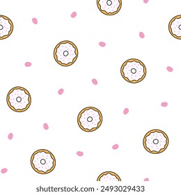 Donuts mit Glasur. Nahtloses Muster. Süße Donuts. Schokoladenerzeugnisse. Handgezeichneter Stil. Vektorgrafik zeichnen. Design Ornamente.