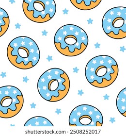 Donuts with glaze. Seamless pattern. Sweet doughnuts. Chocolate confectionery. Hand drawn style. Vector drawing. Design ornaments.