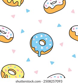 Donuts con esmalte. Patrón sin fisuras. Dulces donuts. Confitería de chocolate. Estilo dibujado a mano. Dibujo de Vector. Diseña adornos.