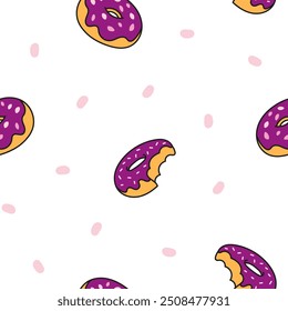 Donuts with glaze. Seamless pattern. Sweet doughnuts. Chocolate confectionery. Hand drawn style. Vector drawing. Design ornaments.