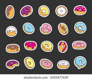 Donuts with glaze. Sticker Bookmark. Sweet doughnuts. Chocolate confectionery. Hand drawn style. Vector drawing. Collection of design elements.