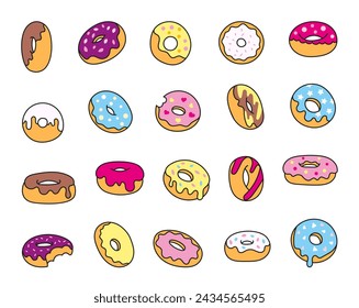 Donuts with glaze. Sweet doughnuts. Chocolate confectionery. Hand drawn style. Vector drawing. Collection of design elements.