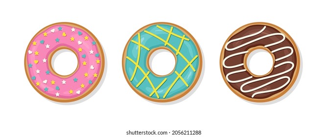 Donuts with glaze. Sweet doughnuts with glossy icing. Top view of birthday pastry. Set confectionery dessert isolated on white background. Flat design. Vector illustration.