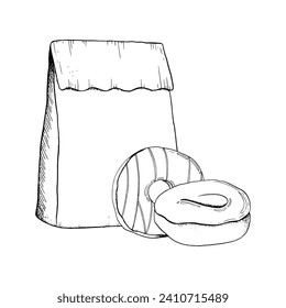 Donuts with glaze and takeaway paper bag black and white graphic black and white illustration. Delicious round doughnuts for take out, cafe, bakeries and pastry breakfast designs