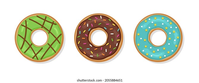 Donuts with glaze. Top view sweet doughnuts. Set glossy icing desserts isolated on white background. Birthday pastry. Chocolate confectionery. Flat design. Vector illustration.