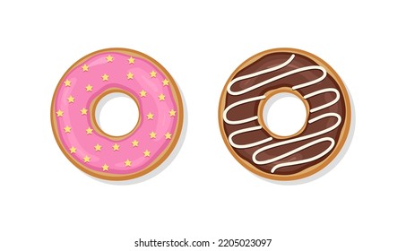 Donuts with glaze. Two sweet doughnuts with glossy icing. Set confectionery dessert isolated on white background. Top view of birthday pastry. Flat design. Vector illustration.
