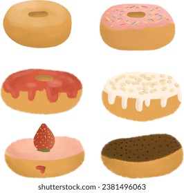 Donuts with glaze vector set. Oil pastel doodle style.