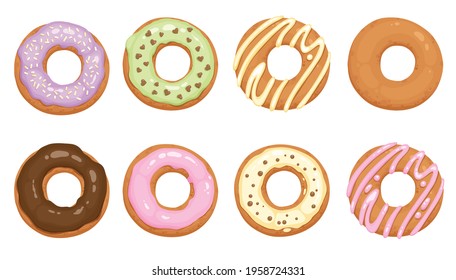 Donuts glazed with colorful sugar and chocolate icing and topped with sprinkles lying isolated on white background. Tasty fried dough confectionery or dessert. Vector illustration