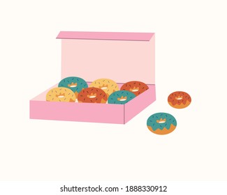 Donuts glazed with colorful sugar  and topped with sprinkles lying in pink carton box and isolated on white background. Delicious fried dough confectionery or dessert. Vector flat illustration.