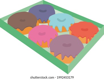 Donuts in a green box with multicolored glaze. Donut Day.
