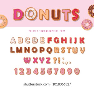 Donuts hand drawn decorative font. Cartoon sweet letters and numbers. Cute design for girls. Birthday party celebration.