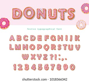 Donuts hand drawn decorative font. Cartoon sweet letters and numbers. Cute design for girls. Birthday party celebration.