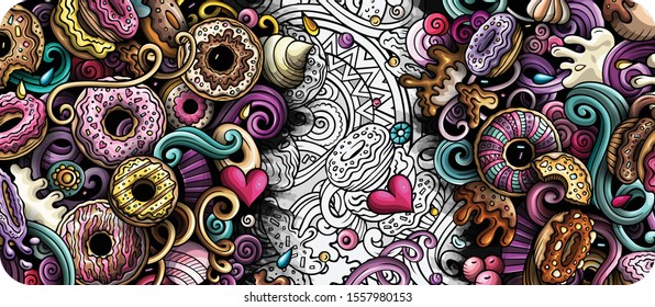 Donuts hand drawn doodle banner. Cartoon detailed illustrations. Sweet food identity with objects and symbols. Color vector design elements background