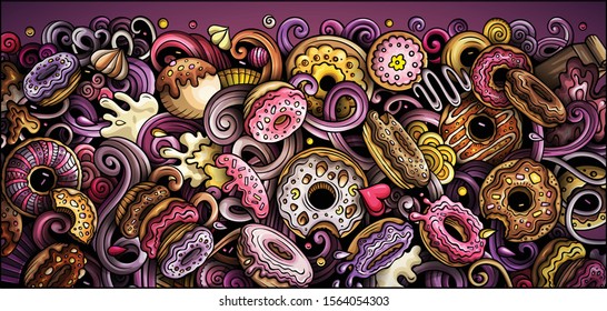 Donuts hand drawn doodle banner. Cartoon detailed illustrations. Sweet food identity with objects and symbols. Color vector design elements background