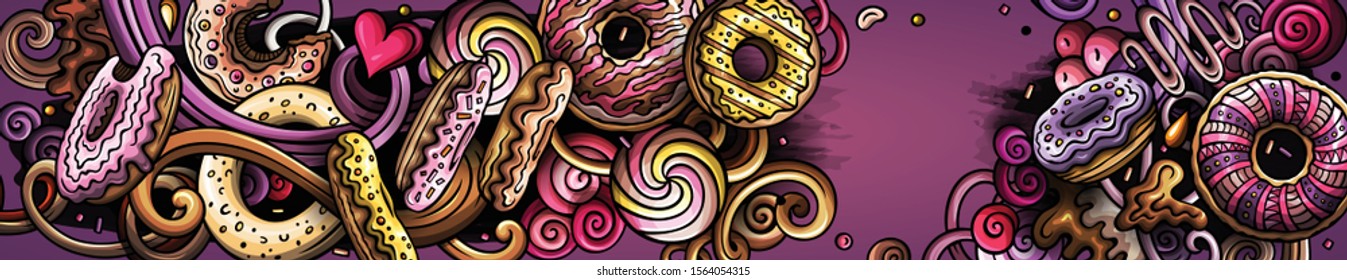 Donuts hand drawn doodle banner. Cartoon detailed illustrations. Sweet food identity with objects and symbols. Color vector design elements background