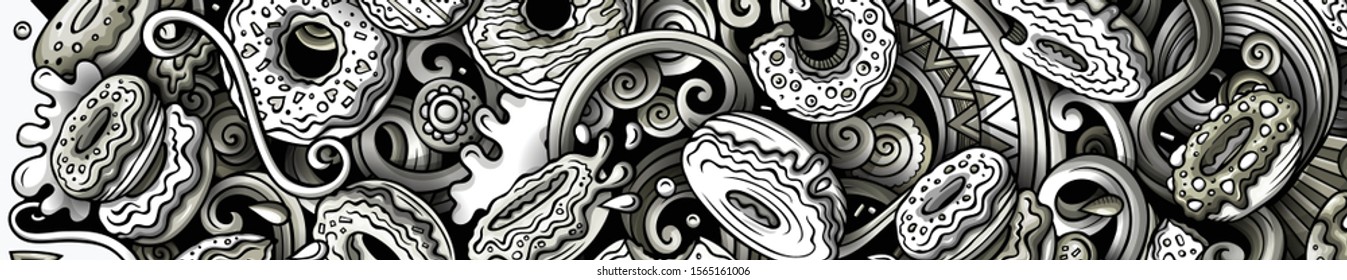 Donuts hand drawn doodle banner. Cartoon detailed illustrations. Sweet food identity with objects and symbols. Monochrome vector design elements background