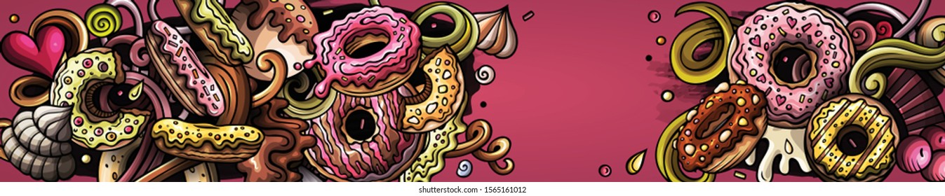 Donuts hand drawn doodle banner. Cartoon detailed illustrations. Sweet food identity with objects and symbols. Color vector design elements background
