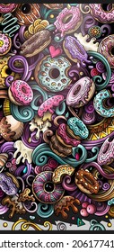Donuts hand drawn doodle banner. Cartoon detailed illustrations. Sweet food identity with objects and symbols. Color vector design elements background