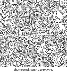 Donuts hand drawn doodles seamless pattern. Sprinkled doughnuts background. Cartoon glazed donut with chocolate, caramel and topping fabric print design. Sketchy vector illustrations