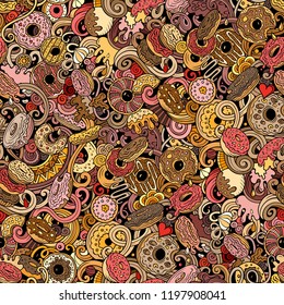 Donuts hand drawn doodles seamless pattern. Sprinkled doughnuts background. Cartoon glazed donut with chocolate, caramel and topping fabric print design. Colorful vector illustrations