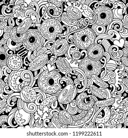 Donuts hand drawn doodles seamless pattern. Sprinkled doughnuts background. Cartoon glazed donut with chocolate, caramel and topping fabric print design. Sketchy vector illustrations