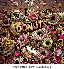 Donuts hand drawn vector doodles illustration. Sweets frame card design. Doughnut elements and objects cartoon background. Bright colors funny border. All items are separated
