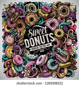 Donuts hand drawn vector doodles illustration. Sweets poster design. Doughnut elements and objects cartoon background. Bright colors funny picture. All items are separated
