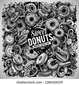 Donuts hand drawn vector doodles illustration. Sweets poster design. Doughnut elements and objects cartoon background. Monochrome funny picture. All items are separated