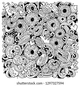 Donuts hand drawn vector doodles illustration. Sweets poster design. Doughnut elements and objects cartoon background. Sketchy funny picture. All items are separated