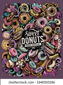 Donuts hand drawn vector doodles illustration. Sweets poster design. Doughnut elements and objects cartoon background. Bright colors funny picture. All items are separated
