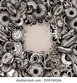 Donuts hand drawn vector doodles illustration. Sweets frame card design. Doughnut elements and objects cartoon background. Toned funny border. All items are separated