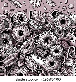 Donuts hand drawn vector doodles illustration. Sweets frame card design. Doughnut elements and objects cartoon background. Toned funny border. All items are separated