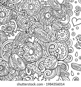 Dibuja de doodles vectoriales dibujados a mano. Diseño de tarjeta de marco dulce. Antecedentes de dibujos animados de objetos y elementos de anillos. Borde gracioso de arte de línea. Todos los elementos están separados