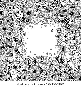 Donuts hand drawn vector doodles illustration. Sweets frame card design. Doughnut elements and objects cartoon background. Line art funny border. All items are separated