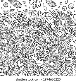 Donuts hand drawn vector doodles illustration. Sweets frame card design. Doughnut elements and objects cartoon background. Line art funny border. All items are separated