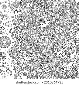 Donuts hand drawn vector doodles illustration. Sweets frame card design. Doughnut elements and objects cartoon background. Line art funny border. All items are separated