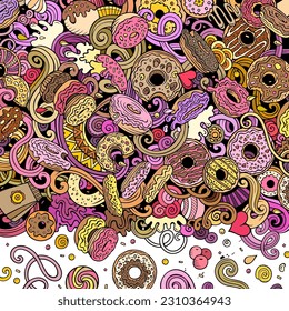 Donuts hand drawn vector doodles illustration. Sweets frame card design. Doughnut elements and objects cartoon background. Bright colors funny border. All items are separated