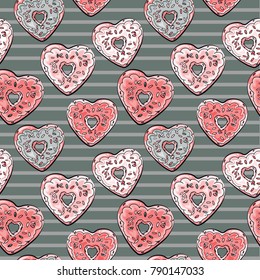 donuts heart shape pattern on striped background. vintage vector illustration