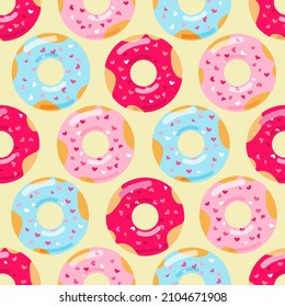 Donuts with hearts sprinkling seamless pattern. Food repeat vector illustration. Romantic design for Valentine's day, textile, wrapping paper, cafe stuff, birthday packaging, background.