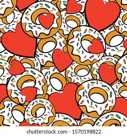 Donuts and hearts. Texture. Multi-colored donuts with white icing, multi-colored sprinkles and red hearts. Vector illustration.