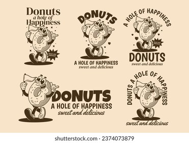 Donuts, ein Loch des Glücks. Vintage-Maskottchen-Zeichenillustration für Fußgängerspenden mit Flagge