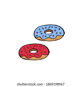 Donuts for the holiday. Doodle image of donuts. Flat confectionery image.