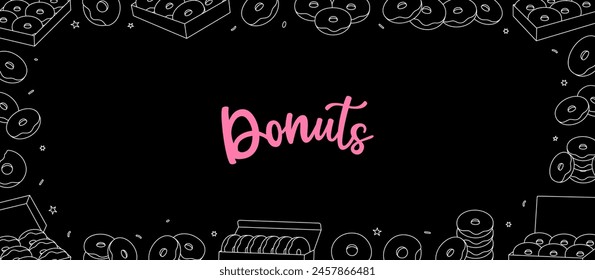 Donuts horizontal banner. Take away donuts. Glazed doughnuts with sprinkles. Bakery sweet pastry food. Vector illustration.