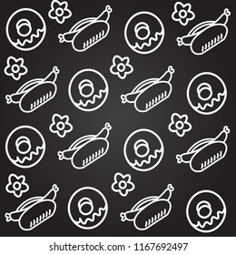 donuts and hotdog doodle illustration pattern with flower on black background