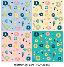 Donuts, ice cream, candies, yellow, turquoise, pink, blue on different backgrounds, in vector.