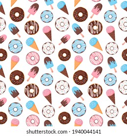 Donuts and ice cream seamless pattern. Vector illustration in cartoon style. Sweets desserts print