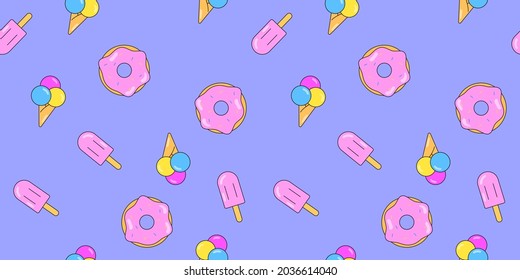 Donuts and ice cream seamless pattern. Vector background from sweet pastries for design. Pastry concept.