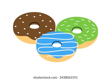 Donuts with icing. Bakery sweet pastry food. Vector illustration.