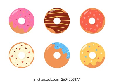 Donuts with icing and colorful sprinkles, isolated color icons on white background. National donut day. For kids menu, cafe, shops. Fast Food Symbol. Flat vector illustration  